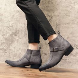Zapatos de ante estilo inglés para hombre, botas de cuero informales con punta estrecha y punta alta, botines con cremallera gris de tendencia para hombre