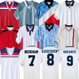 Rétro Englands Soccer Jerseys 1982 1990 1994 95 96 97 Shearer ROONEY 1998 Hommes Enfants Gerrard Scholes Owen 2001 02 08 Heskey Gascoigne vintage Manches longues