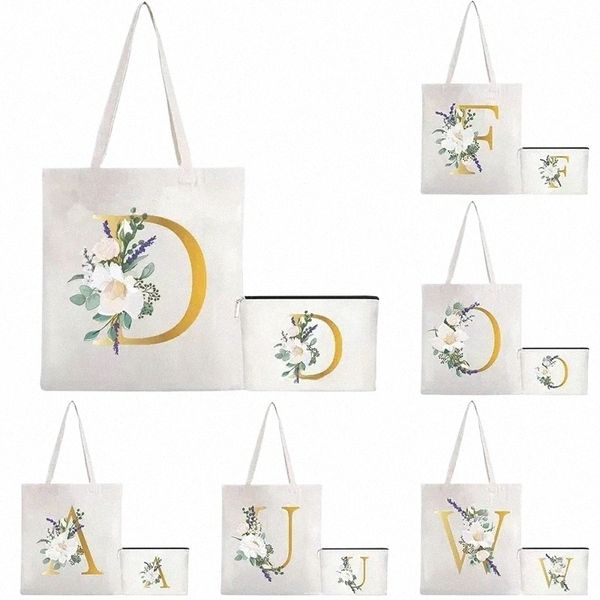 Alphabet anglais Aquarelle Floral Mariage Mogram Fr Lettre initiale Imprimer Toile Femme Shopper Sac fourre-tout Boutique Sac à main G07O #