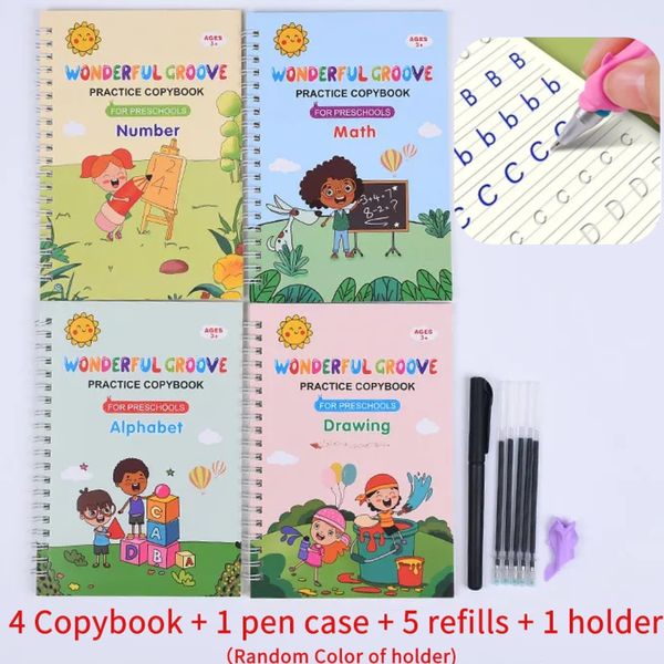 English Copybook establecido para niños con bolígrafo mágico, 4 libros de copias, 1 estuche para bolígrafo, 5 recargas y 1 titular, libro de ejercicios en inglés con alfa