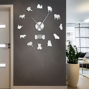 Anglais Accueil Décor Britannique Bulldog Silhouettes Art Bricolage Grand garde-temps Big Time Horloge murale 210325