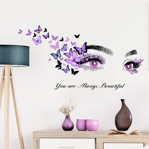 Eslogan en inglés serie púrpura de ojos mariposa pegatinas de pared autoadhesivas PVC decoración del hogar para sala de estar dormitorio