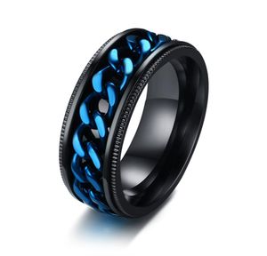 Gravar anéis de banda giratória de aço inoxidável preto, bordas decoradas e elos de corrente central giratórios Ring1784513