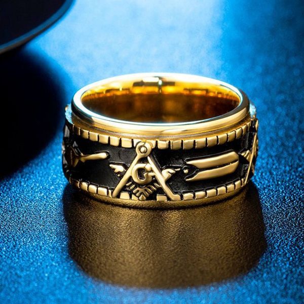 Anillos de masonería grabados, anillo giratorio de acero de titanio para hombre, anillo de dedo de 12mm de ancho, joyería de moda para hombre