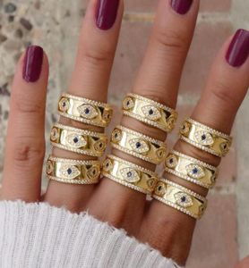 Gegraveerde CZ Evil Eye Gold Color Brede verlovingsband Ringen voor Lady Women Party Gift Finger Jewelry Classic Summer Lucky Ring7432665