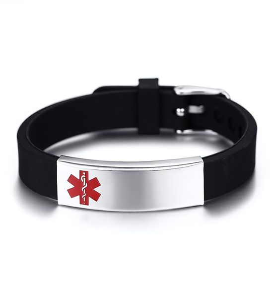 Grabado de pulsera de identificación de alerta médica personalizada Men pulseras de silicona personal no alérgico 8198374