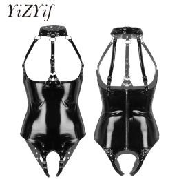 Ampliceur Body exotique Body ouvert entrejambe en latex en latex One-Piece Wetlook Lingerie en cuir breveté Coul de sein nue