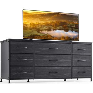 Enhomee Dressoirstandaard Entertainmentcentrum met 9 laden, mediatafel 60 '' tv-console voor slaapkamer, stevig metalen frame houten blad, woonkamer,