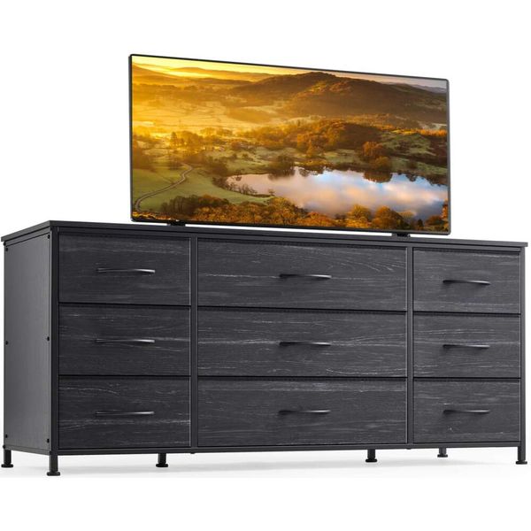 Enhomee Cómoda Centro de Entretenimiento con 9 cajones, Mesa Multimedia Consola de TV de 60 '' para Dormitorio, Tapa de Madera con Marco de Metal Resistente, Sala de Estar,