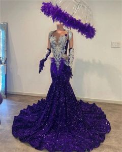 Énigmatique violet paillettes sirène longues robes de bal Sier glands cristal robe de noël noir filles robe de soirée de mariée