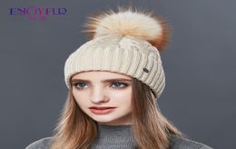 ENJOYFUR mode hiver chapeaux casquettes femmes Type rugueux cachemire tricoté chapeau femme fille épais chaud bonnet fourrure pompon Gorro Y20013933383