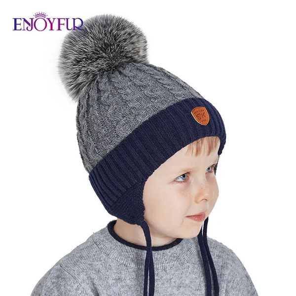 ENJOYFUR Chaud Hiver Bébé Tricoté Chapeaux Réel Fourrure Pompon Doublé Polaire Garçon Casquettes Mignon Épais Enfants Élastique Oreillettes En Plein Air Ski Bonnets 240309