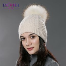 ENJOYFUR hiver fourrure pompon chapeau pour femmes cachemire laine coton chapeau grand réel fourrure de raton laveur pompon bonnets casquette bobble281W