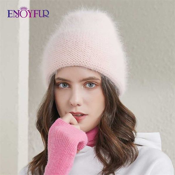 ENJOYFUR chapeaux d'hiver pour femmes bonnet à revers en fourrure de lapin angola mode femme couleur unie chaude bonnets de ski de style jeune 211228