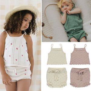 EnkeliBB bébé fille été vêtements tricotés ensembles mignon marque conception enfant en bas âge fronde gilet et Bloomers correspondant tenue combishorts Bebe 220507