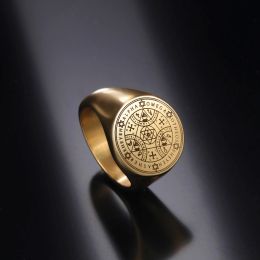 Enochian Magic Angel Ring Mannen Solomon Kabbalah Bescherming Amulet 14k Geel Goud Hexagram Driehoek Religieuze Sieraden