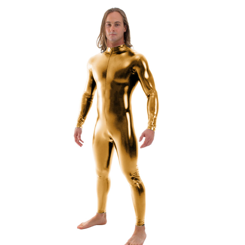 Ensnovo Mannen Latex Pak Zwart Shiny Metallic Panty Gold Zentai Pak Volledige Body Unitard Custom Skin Bodysuit Rits voorkant