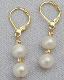 Envío gratis encantador par blanco negro natuurlijke pendiente de perlas 9-10 mm 14 k / 20 gancho amarillo
