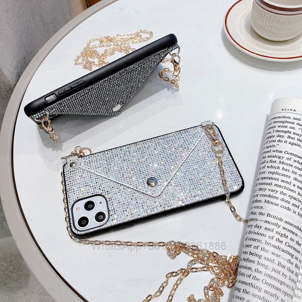 Étuis d'enveloppe pour iPhone 13 2021 12 11 Pro XS MAX XR X 8 7 Bling Glitter Diamond TPU Girls Layd Femmes Cuir de luxe Carte d'identité Slot de poche