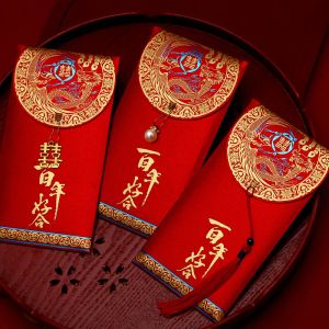 Enveloppen (10 stuks/perceel) 9x17cm luxe Tassel rode envelop bruiloft Chinese karakter xi fu Universal Big Red Pocket