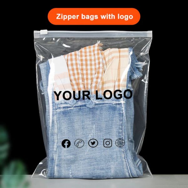 Sobres 50 Uds. Bolsa de almacenamiento de plástico Ziplock con sello transparente personalizado impreso para ropa de viaje Packag Trans bolsas de envío impermeables