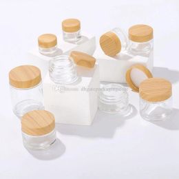 Enveloppes Jar de crème pour visage en verre givré avec imitation couvercles en bois en bambou 5g / 10g / 15g / 30g / 50g / 100g Pot de crème de maquillage cosmétique vide