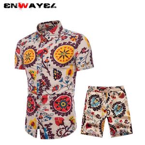 ENWAYEL 2019 printemps nouveau National StShirts Shorts hommes ensemble plage Style National imprimer décontracté à manches longues chemise survêtement costume homme