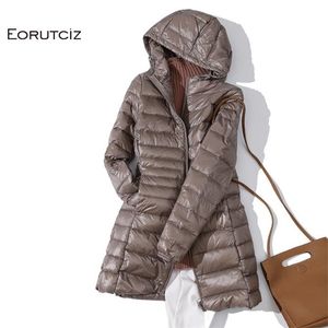 EORUTCIZ Winter Long Down Jas Dames Plus Size 7XL Ultra Licht Warm Hoodie Jas Vintage Zwarte Herfst Duck Down Coat LM171 210819