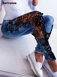 EotvoTee Lace Splited Hollow Out Blue Jeans for Women Chic Fashion Slim High Tailed Jeans Chic Vintage Skinny Pencil Pants 240419