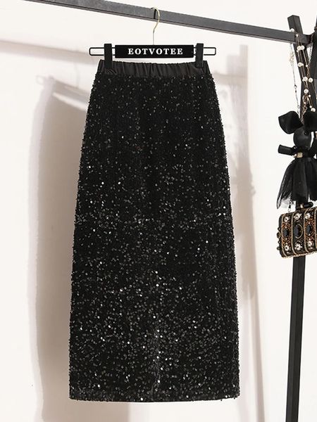 Eotvotee jupe à paillettes pour femmes élégant Vintage noir gris Midi jupe longue dos fendu soirée taille haute jupes droites 240110