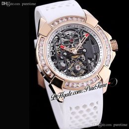 EPIC-X EX100 43 LD OP ALD4AT Automatische Tourbillon Mens Watch 44 mm Rose Gold Baguette vierkant gesneden Diamonds Bezel Skeleton Dial White282i