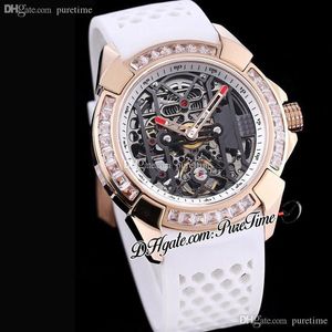 Epic-X EX100 43 LD OP ALD4AT Montre Tourbillon Automatique pour Homme 44 mm Or Rose Baguette Diamants Taille Carrée Lunette Cadran Squelette Blanc245C