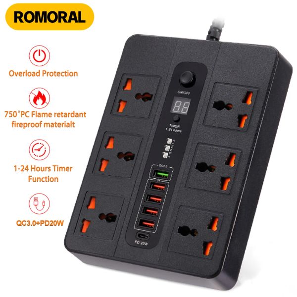 Equipo 3000W 6 Salida Power Strip Surge Protector Multiprise Smart Home Smart Extension Socket Electrical con PD20W QC3.0 6 Puerto USB