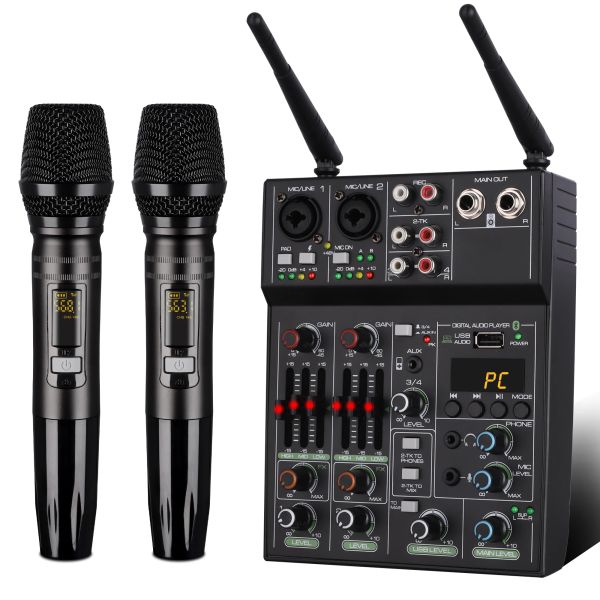 Équipement BMAX2 Mixer audio professionnel avec microphone sans fil, mélangeur de mélangeur sonore Interface Système 4Channel DJ Mixer