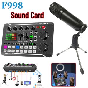 Équipement F998 Sound Card Professional Bluetooth Compatible Studio Record Carte Sound Carte avec ordinateur de téléphone câble Mixer audio en direct