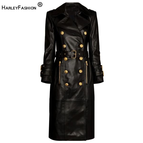 Equipo nuevo diseño de invierno abrigos largos de cuero Pu negro con doble botonadura para mujer gabardina de calle de calidad con cinturón