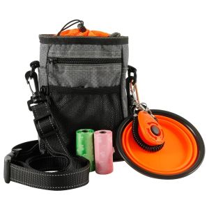 Equipo Bolsa portátil para golosinas para mascotas Soporte para alimentos Cinturón ajustable Bolsa de basura Kit de cuenco plegable Bolsa de entrenamiento para perros multifunción para exteriores