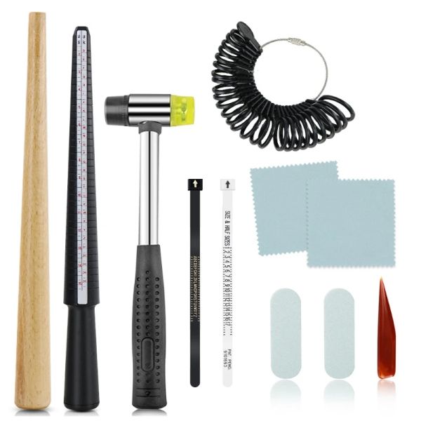 Équipements 11 pièces anneau mandrin Sizer bâton doigt jauge marteau équipement bijoux outils de mesure Kit