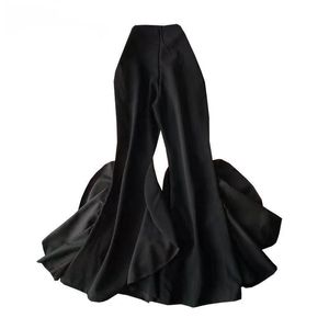 [EQW] Plus Size All Match Long Pantalons Femmes Mode Flare Pantalon Pantalon À Volants Vintage Noir Vêtements 210510