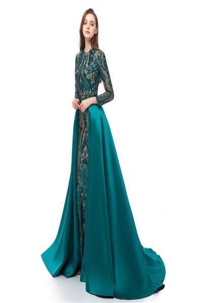 Eremald vert sirène robes de bal avec train détachable 2021 luxe paillettes appliques manches longues dentelle tache queue de poisson robe de soirée1800765