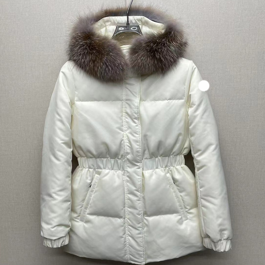 Chaqueta de plumón de diseñador para mujer, insignia bordada, abrigo de invierno, cuello de piel de zorro, abrigos de invierno para mujer