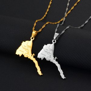 Colliers avec pendentif carte de l'érythrée avec nom de ville, bijoux en or jaune 14 carats pour femmes et filles, carte africaine de l'érythrée