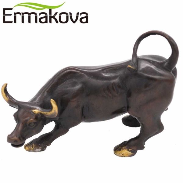 ERMAKOVA Brass Ox Wall Street Bull Figurine Charge Stock Market BullStatue Feng Shui Sculpture Home Office Décoration Cadeau 210804