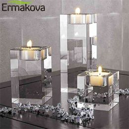 ERMAKOVA Candle Holder Solid Crystal Clear Square Glas Pijler Tealight Houder voor Bruiloft Woondecoratie Kaarslicht Diner 210722