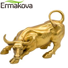 Ermakova Golden Laiton Chargement Bourse Bull Figurine Wall Street Bull Ox Statue Feng Shui Scuplture Home Office Décor 210318