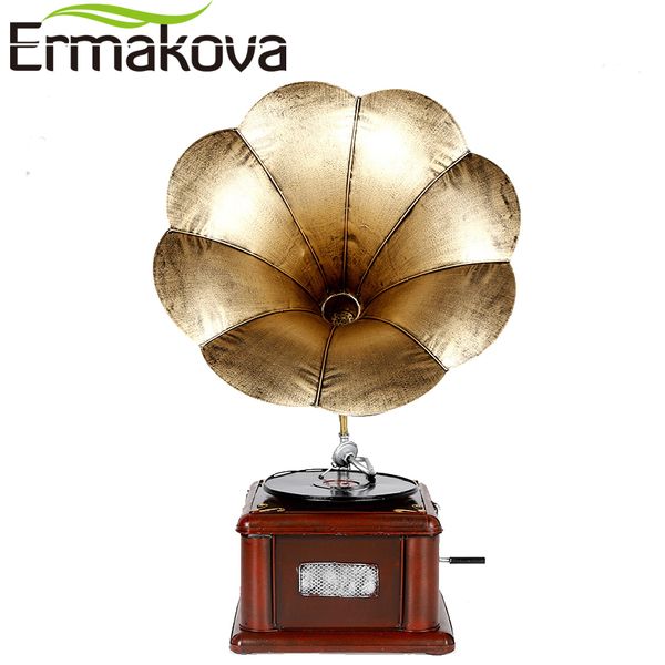 ERMAKOVA Métal Rétro Phonographe Modèle Vintage Tourne-disque Prop Antique Gramophone Modèle Home Office Club Bar Décor Ornements T200710