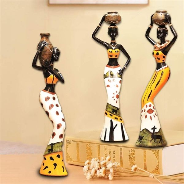 ERMAKOVA Lot de 3 Africain Femme Figure Fille Sculpture Tribal Lady Figurine Femme Statue Home Office Décoration Cadeau 210727