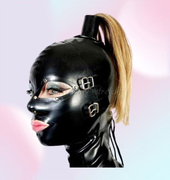 Masque en caoutchouc de Bondage SM pour sexe érotique, avec perruque, capuche fétiche, avec bandeau et bouche amovibles, cosplay1959703