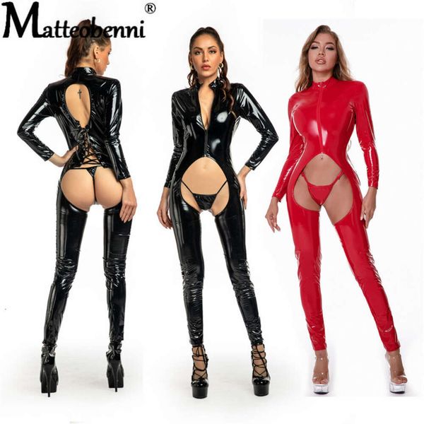 Body erótico de látex sin entrepierna para mujer, mono con doble cremallera, lencería con pechos descubiertos, Catsuit de cuero con entrepierna abierta