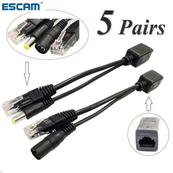ESCAM 10PCS (5pair) POE Splitter Poe commutateur POE Câble Adaptateur Tapé d'écran 5V 12V 24V 48V Câble d'alimentation électrique 5.5 / 2,1 mm